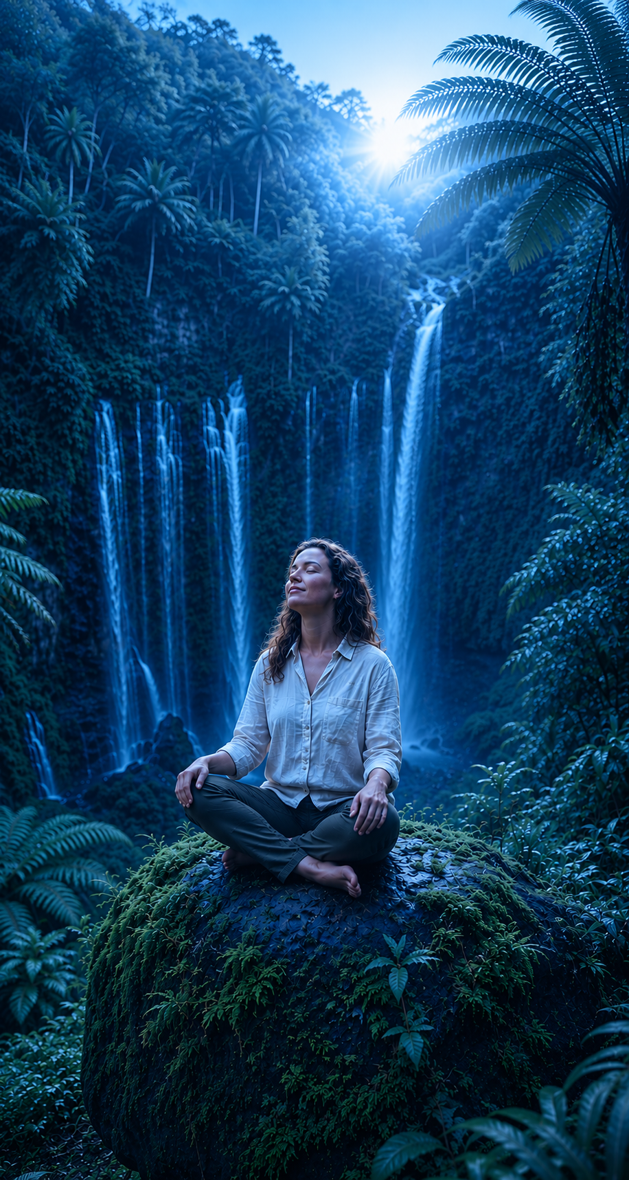Mulher respirando em meio à natureza